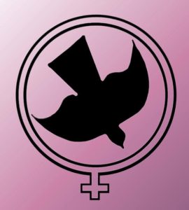 EEWC Logo 1978 is a woman symbol with a silhouette of a descending dove in the middle.