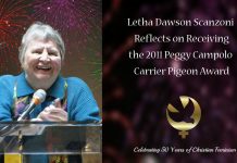 A picture of Letha Dawson Scanzoni accepting the 2011 Peggy Campola Carrier Pigeon Award