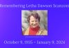 A graphic that says, "Remembering Letha Dawson Scanzoni" and "October 9, 1935 - January 9, 2024" with a picture of Letha in 1973