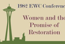 Graphic showing the Seattle Space Needle, the graphic says 1982 EWC Conference, Women and the Promise of Restoration