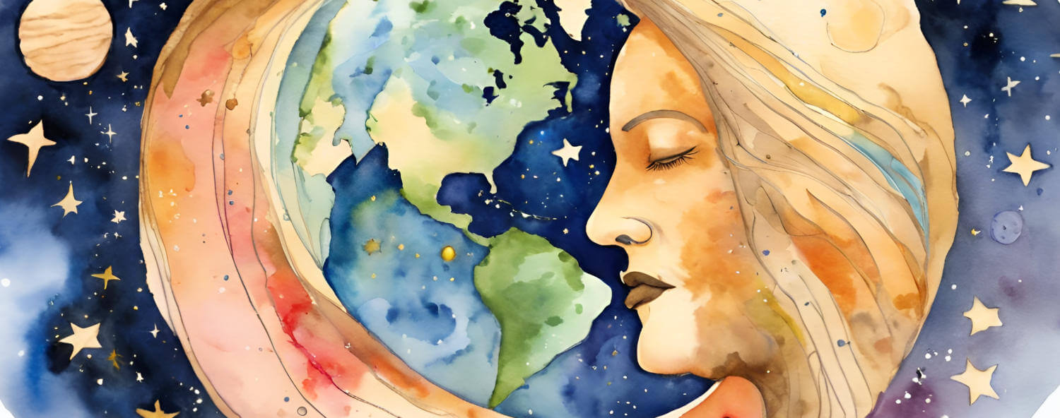 An abstract watercolor illustration showing stars and planets and the earth surrounded by a female image, illustrating mother of zion.