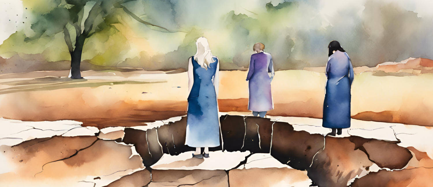 An abstract watercolor image illustrating three women standing on different sides of a gaping fault line chasm.