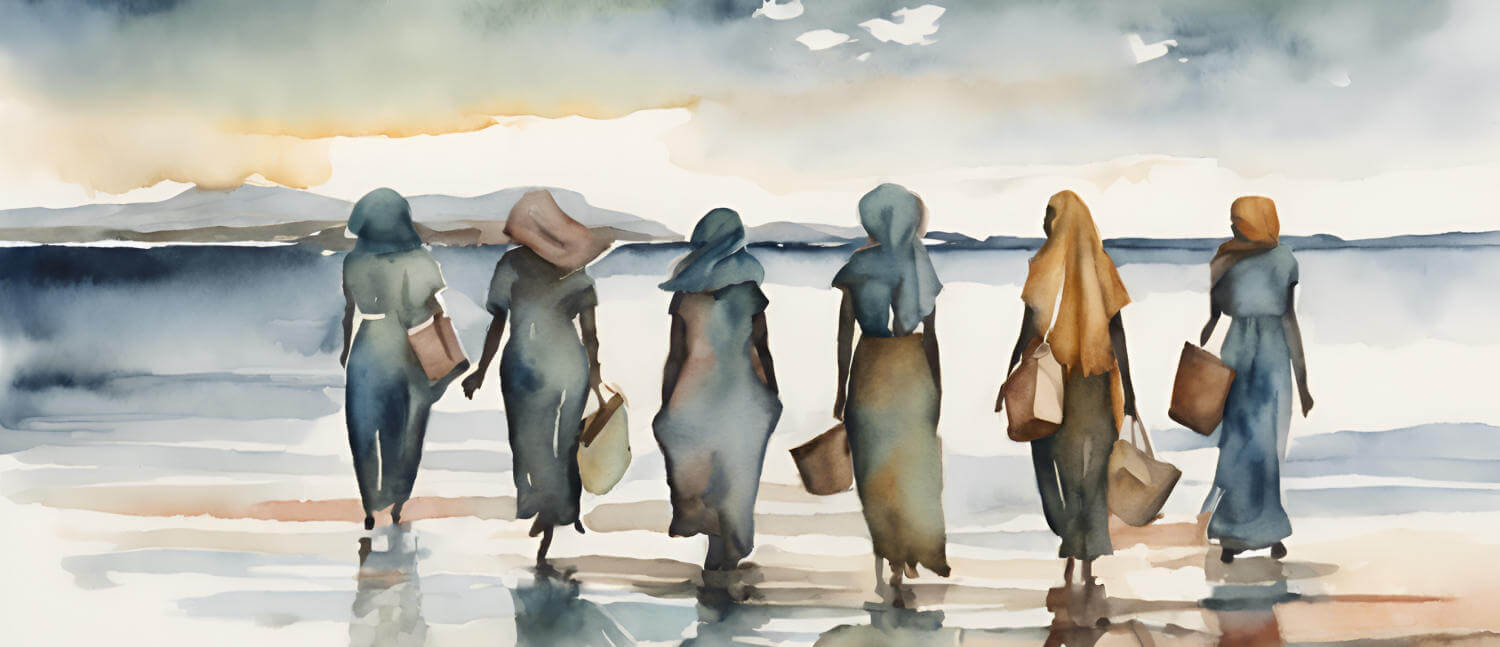 An abstract watercolor showing six immigrant women standing on the shore of an ocean looking out.