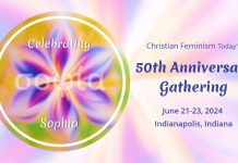 Christian Feminism Today 50th Anniversary Gathering Logo on a colorful background. Also says June 21-23, 2024 in Indianapolis, Indiana.