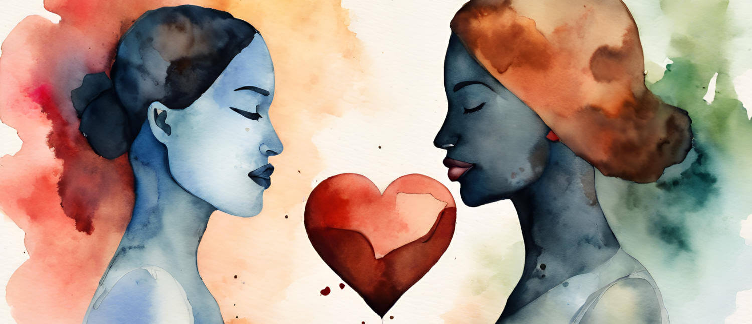 An abstract watercolor illustration of two women feeling the power of a heart in between them.