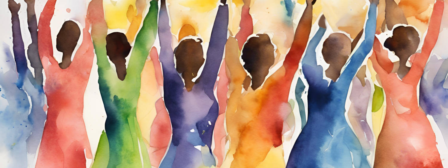 An abstract watercolor image showing a large group of women with their arms raised in a praise position