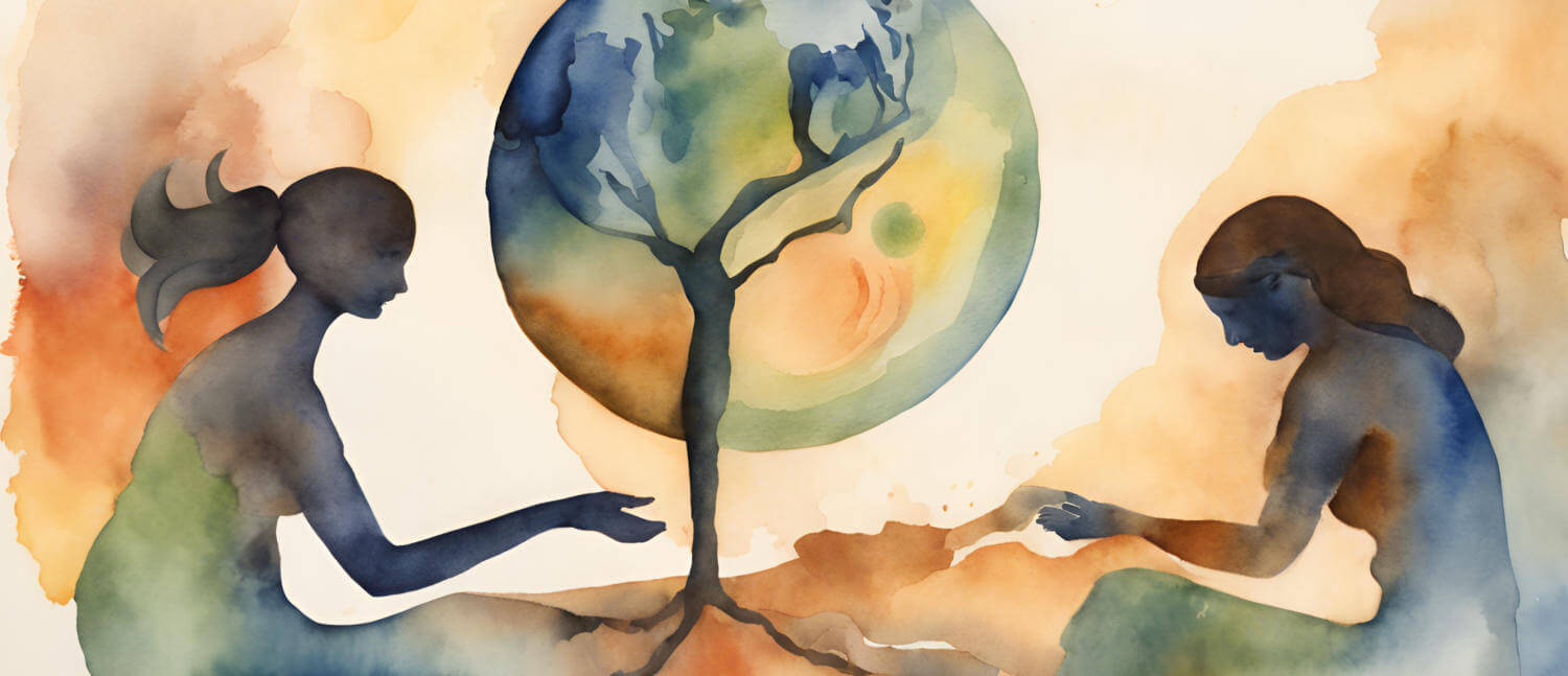 An abstract watercolor image showing two women sitting on either side of an earth image with a tree growing inside it.