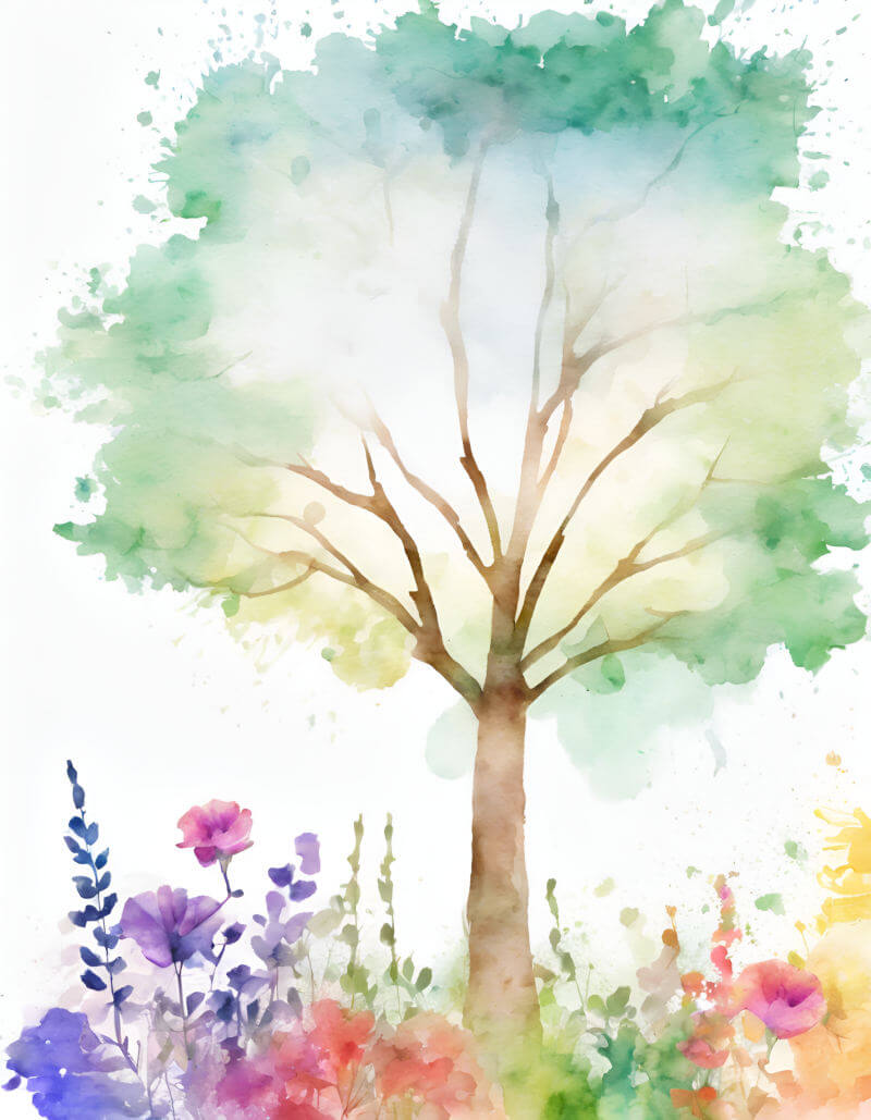 A watercolor style image of a tree with flowers underneath it.