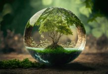 A photo-looking generative ai image of a tree within a glass globe with a green forest background