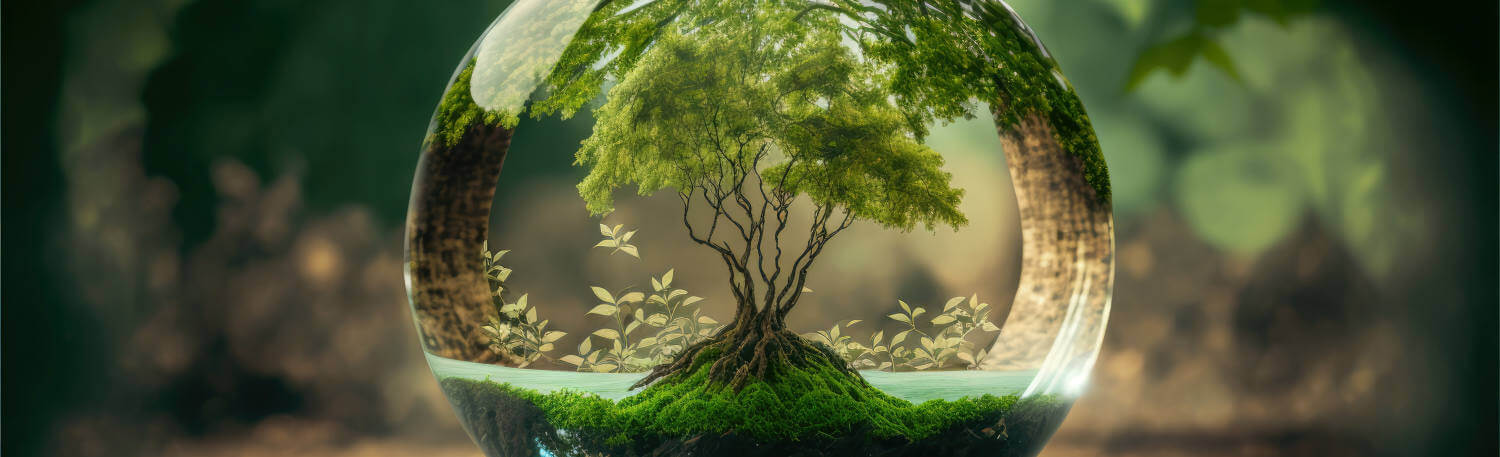 A photo-looking generative ai image of a tree within a glass globe with a green forest background