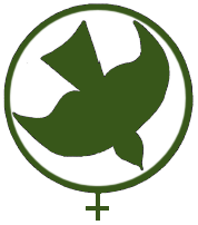 A women's sign line drawing with a descending dove inside. An early logo of the Evangelical Women's Caucus.