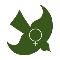 A graphic of a descending dove with a women's sign inscribed within it.