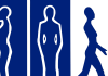 A blue and white, two-color graphic that shows outlines of three women. One is a side view, one is a view from the front, another is a woman walking.