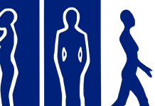 A blue and white, two-color graphic that shows outlines of three women. One is a side view, one is a view from the front, another is a woman walking.