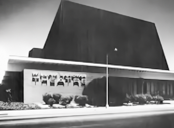 A black and white photo of the Saroyan Theatre in Fresno, California in 1986.