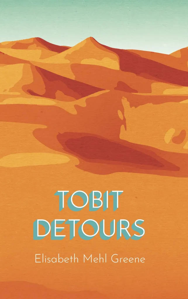 Tobit Detours book cover shows a graphic representing a desert landscape with dunes, in shades of orange.