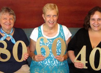 A photo of Letha Dawson Scanzoni, Linda Bieze, and Alena Ruggerio. Each is holding a gold paper number of their age. Letha holds an 80, Linda holds a 60, and Alena holds a 40.