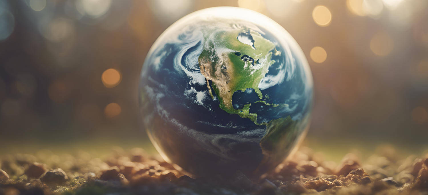 A photo of a small glass earth replica on the ground with a lot of diffuse lights in the background.