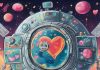 Fantastical graphic of a space station. Round with all kinds of hearts and warm colorrd outer space clouds/skies and debris floating around it