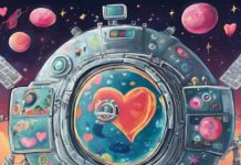 Fantastical graphic of a space station. Round with all kinds of hearts and warm colorrd outer space clouds/skies and debris floating around it