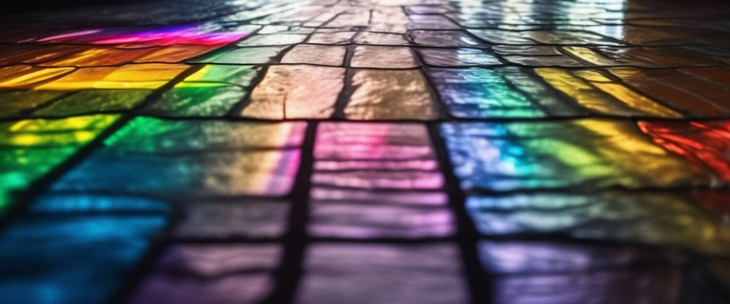 A photo of a slate floor covered in rainbow light that has filtered through a stained glass window.