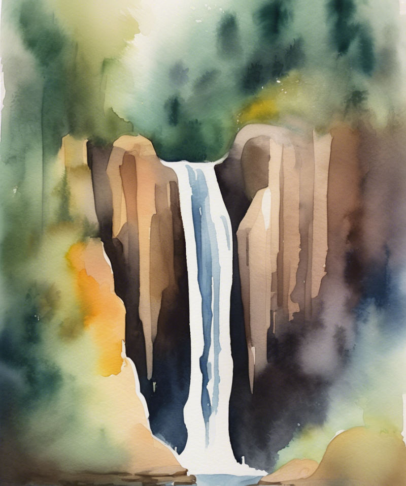 An abstract watercolor image of a waterfall.
