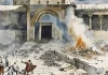 A watercolor-style graphic illustrating the destruction of the temple in Jerusalem in progress.