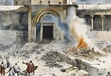 A watercolor-style graphic illustrating the destruction of the temple in Jerusalem in progress.