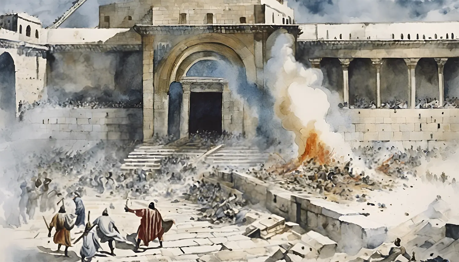 A watercolor-style graphic illustrating the destruction of the temple in Jerusalem in progress.